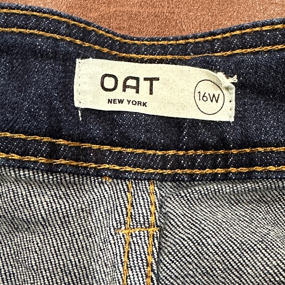 NWT OAT N.Y. Jeans Dark wash blue high rise wide leg raw hem back pockets 16W - Picture 9 of 11
